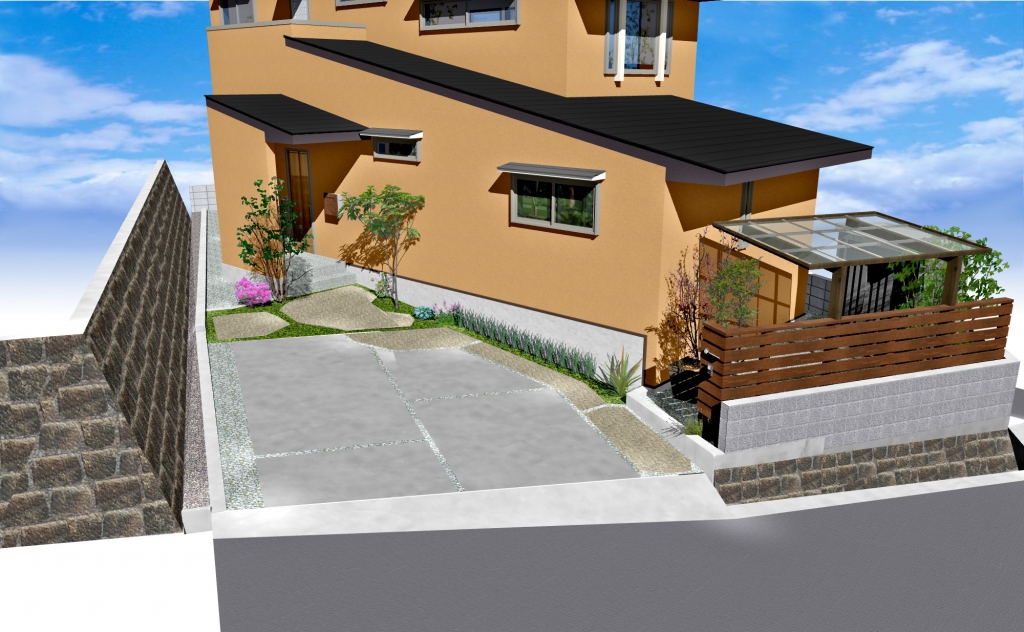 外山様邸cadﾊﾟｰｽ 正面 岡山 赤穂 備前のエクステリア 外構 ガーデニングはエクスライフへ